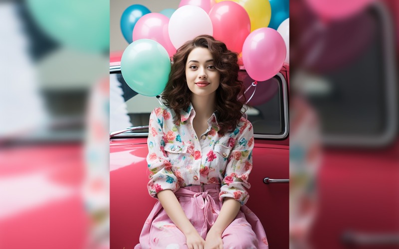 Dívka na růžovém retro autě s růžovým balónkem slaví Valentýna 08