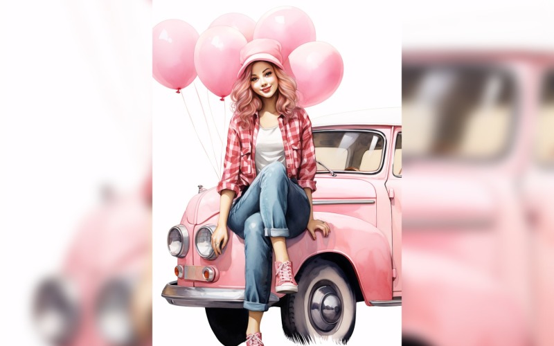 Dziewczyna w różowym samochodzie retro z różowym balonem świętuje Walentynki 03