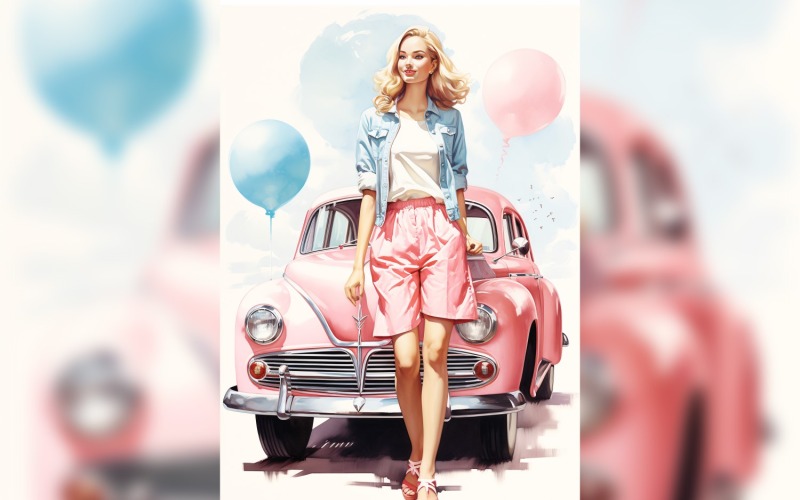 Dziewczyna w różowym samochodzie retro z różowym balonem świętuje Walentynki 06