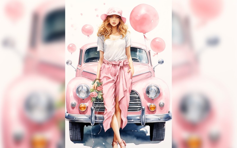 Dziewczyna w różowym samochodzie retro z różowym balonem świętuje Walentynki 10