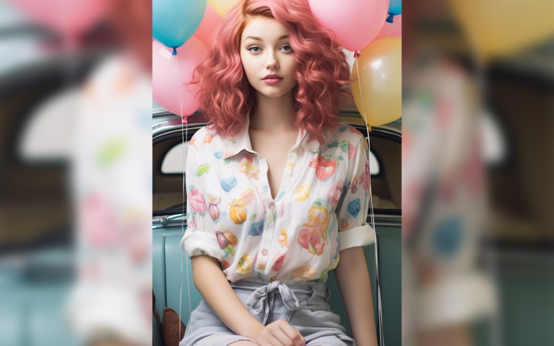 Flicka på rosa retrobil med rosa ballong som firar alla hjärtans dag 21
