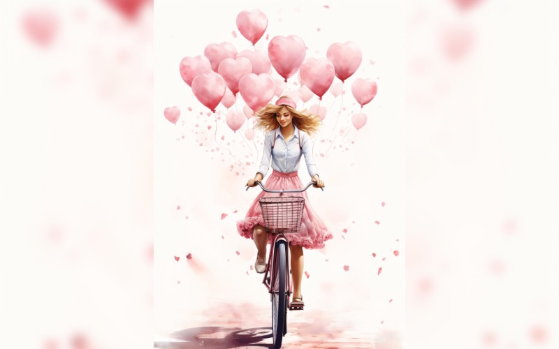 Garota de bicicleta com balão rosa comemorando o dia dos namorados 02