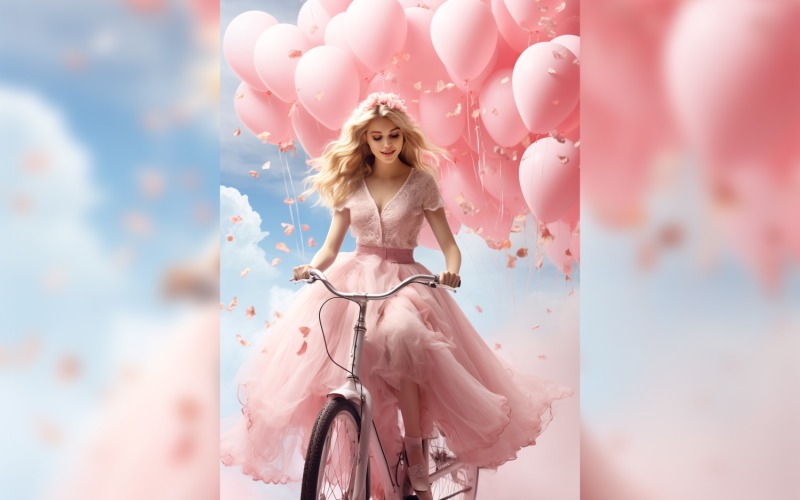 Garota de bicicleta com balão rosa comemorando o dia dos namorados 03