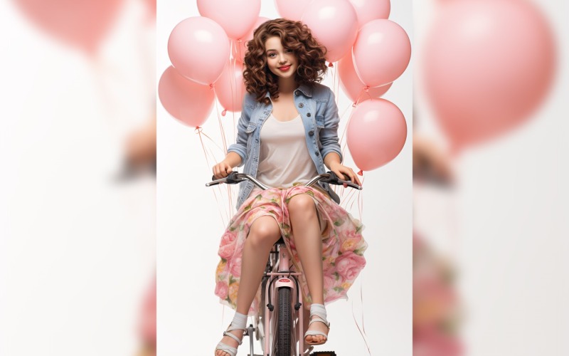 Garota de bicicleta com balão rosa comemorando o dia dos namorados 11