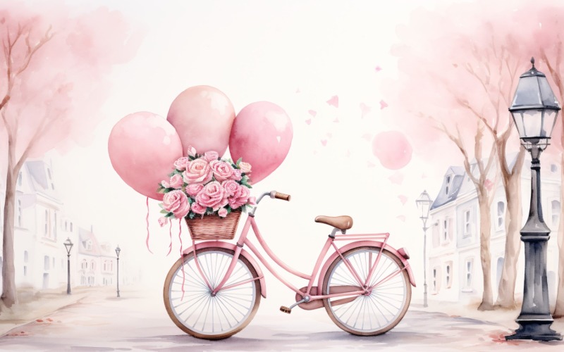 Kerékpár 16-i Valentin napra díszített rózsaszín léggömbbel