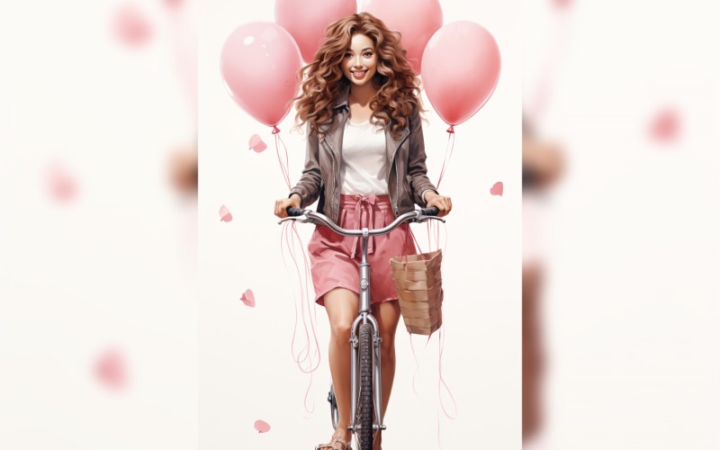 Kerékpáron guruló lány rózsaszín léggömbbel, aki a 08-as Valentin-napot ünnepli