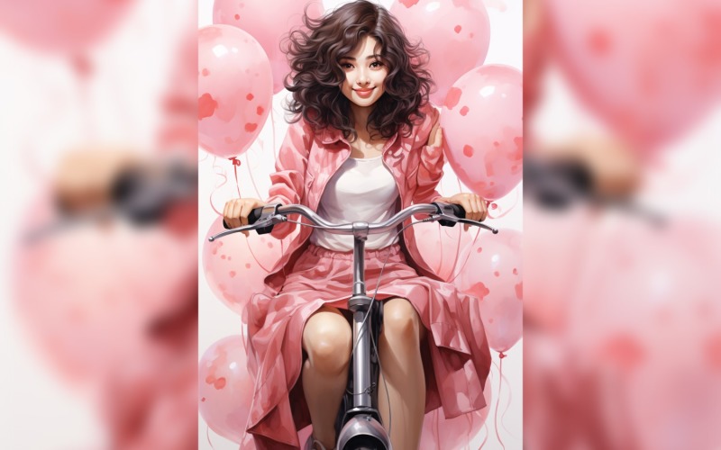 Meisje op cyclus met roze ballon ter viering van Valentijnsdag 13