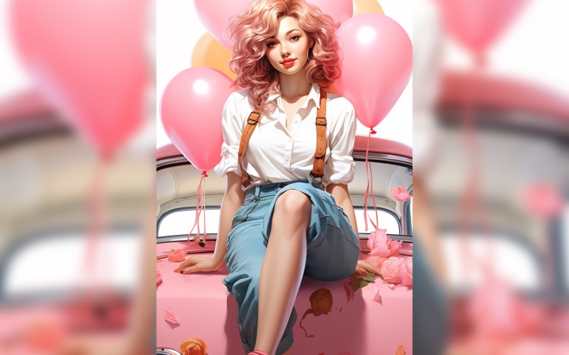Meisje op roze retro auto met roze ballon ter viering van Valentijnsdag 14