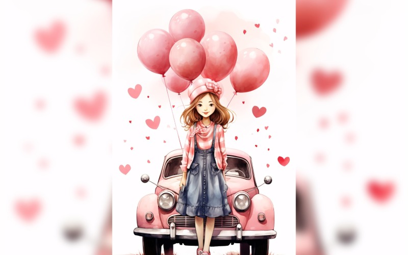 Ragazza su un'auto retrò rosa con palloncino rosa festeggia San Valentino 02