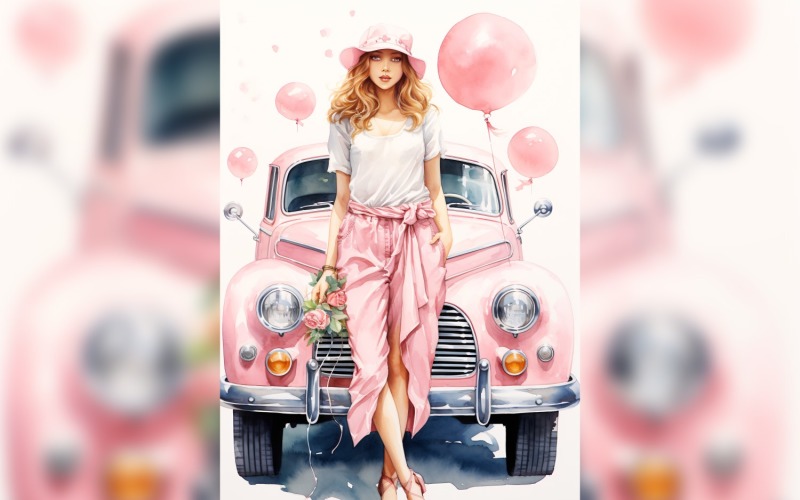 Rózsaszín retro autós lány rózsaszín léggömbbel, Valentin-napot ünnepel 10
