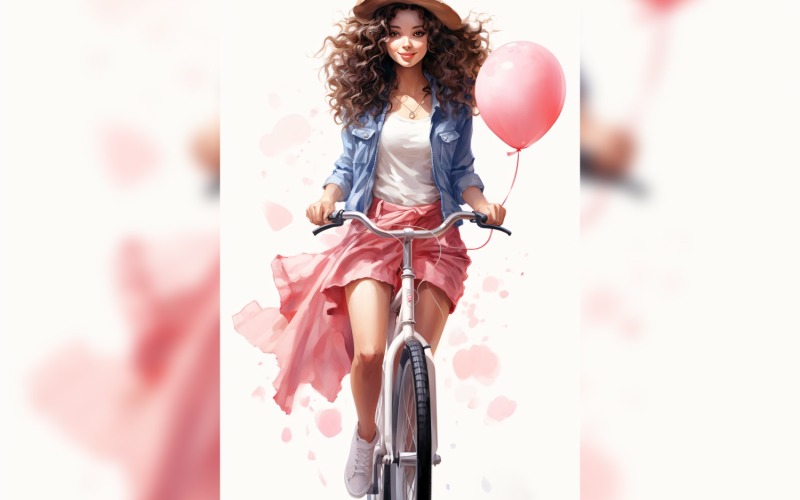 Девушка на велосипеде с розовым воздушным шаром празднует 19-й день святого Валентина