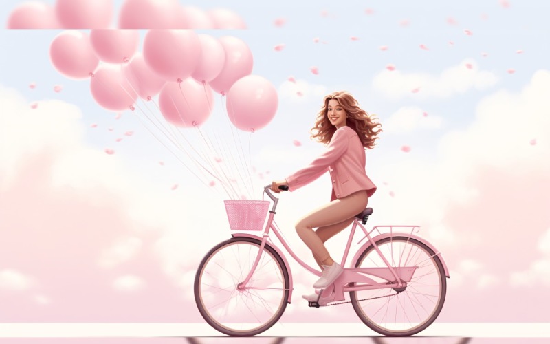 Девушка на велосипеде с розовым воздушным шаром празднует 30-й день святого Валентина