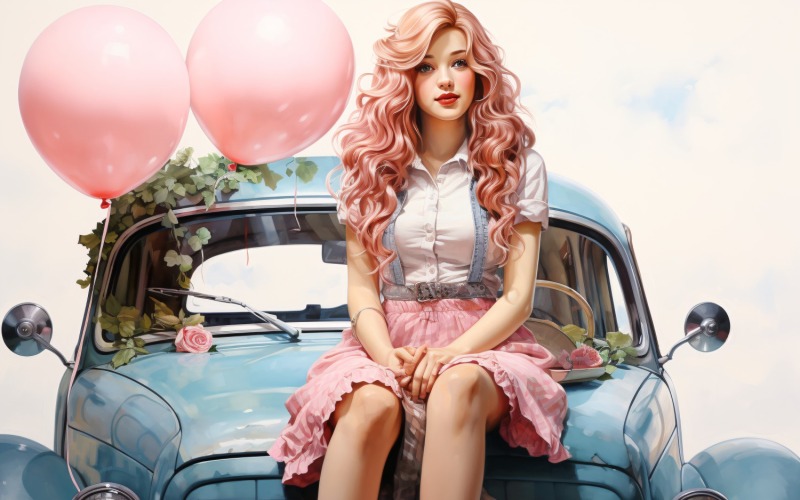 Fille sur voiture rétro bleue avec ballon rose célébrant la Saint-Valentin 08