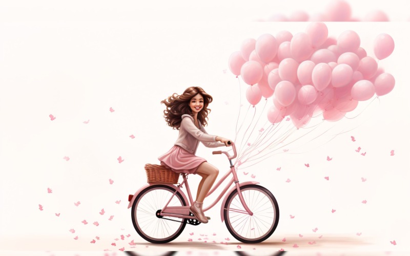 Mädchen auf Fahrrad mit rosa Luftballon feiert den 27. Valentinstag