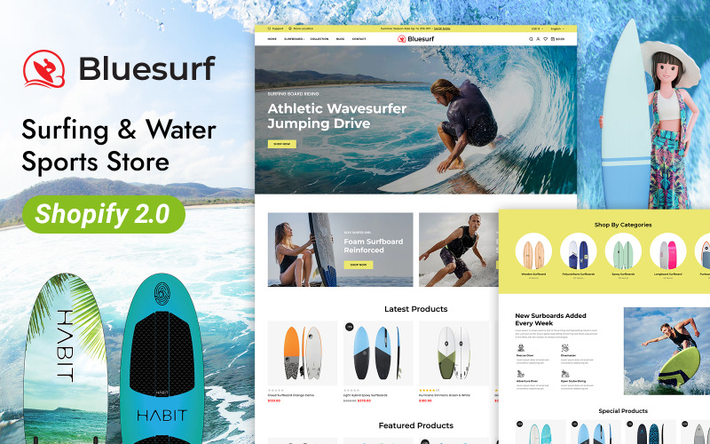 Bluesurf — магазин досок для серфинга и водных видов спорта Shopify Адаптивная тема 2.0