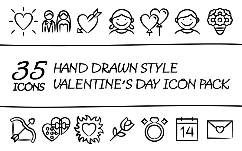 Drawnizo – Mehrzweck-Icon-Paket zum Valentinstag im handgezeichneten Stil