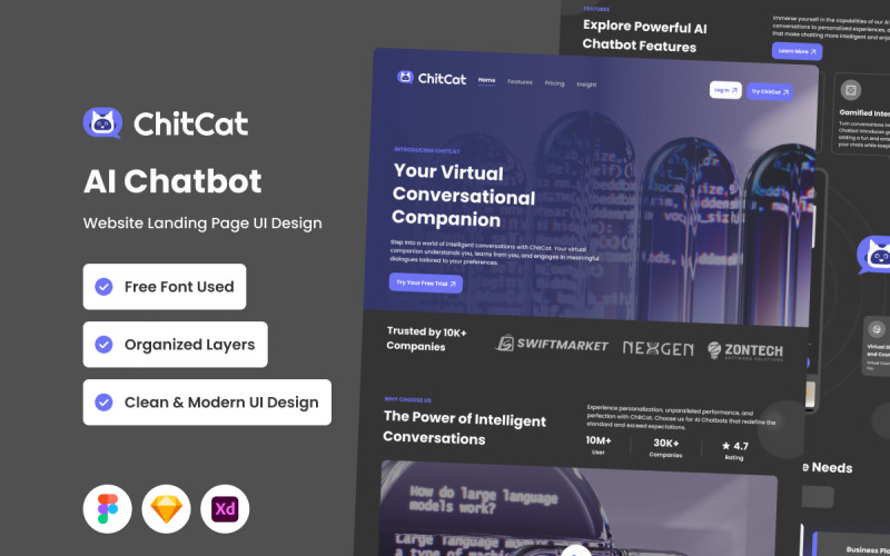 ChitCat — целевая страница веб-сайта чат-бота с искусственным интеллектом, версия 2