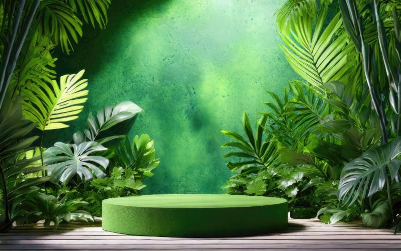 Prémiové zelené pódium v pozadí tropického lesa