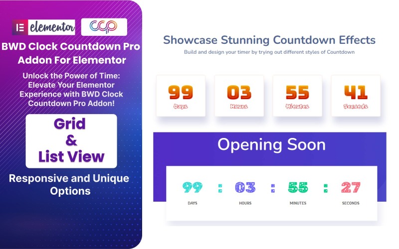 BWD Clock Countdown Pro WordPress beépülő modul az Elementorhoz