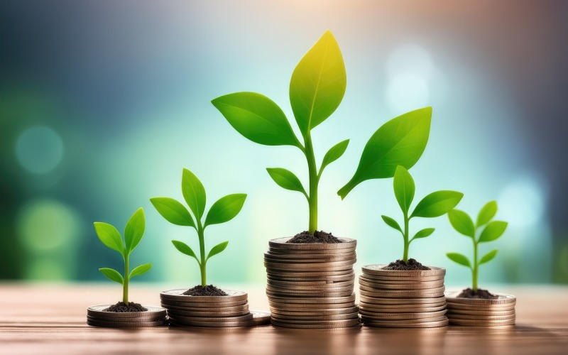 Премиум-бизнес по выращиванию растений на монетах, сложенных на зеленом размытом фоне 17