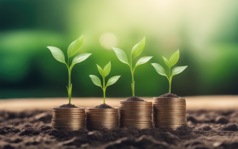 Premium Business Pěstování rostlin na mincích naskládaných na zeleném rozmazaném pozadí 29