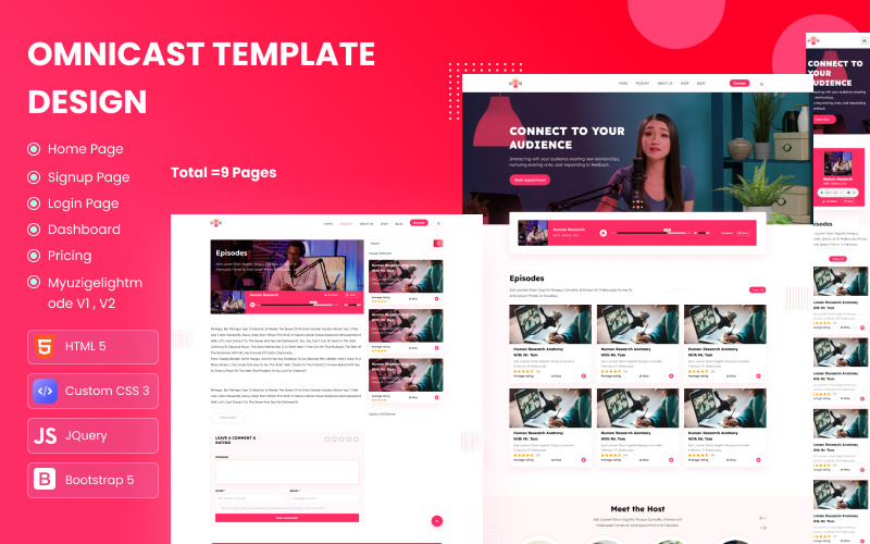 OmniCast – HTML-sjabloon voor podcastwebsite voor audio- en videospelers