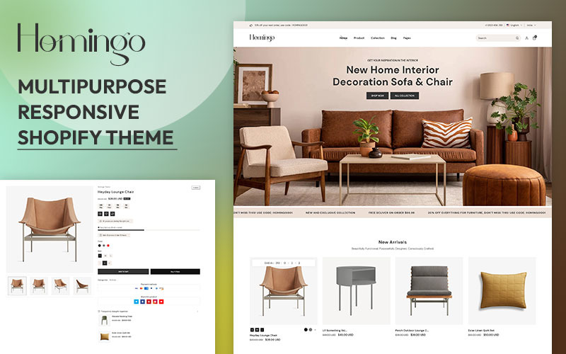 Homingo — nowoczesne dekoracje i meble do wnętrz domowych Uniwersalny responsywny motyw Shopify 2.0