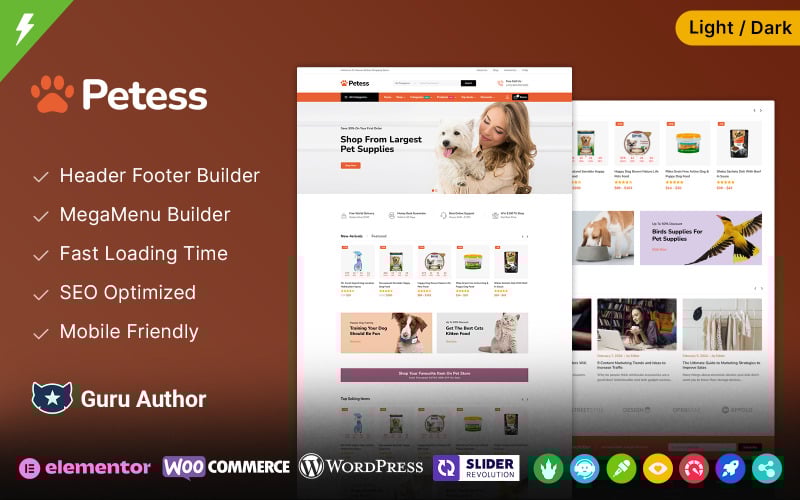 Petess - Boutique d'animaux de compagnie et soins pour animaux de compagnie et nourriture pour animaux Thème Elementor WooCommerce