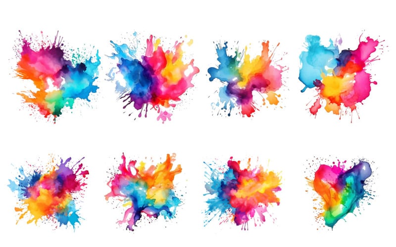 Conjunto de fondo png transparente de explosión de pintura de acuarela de arco iris colorido