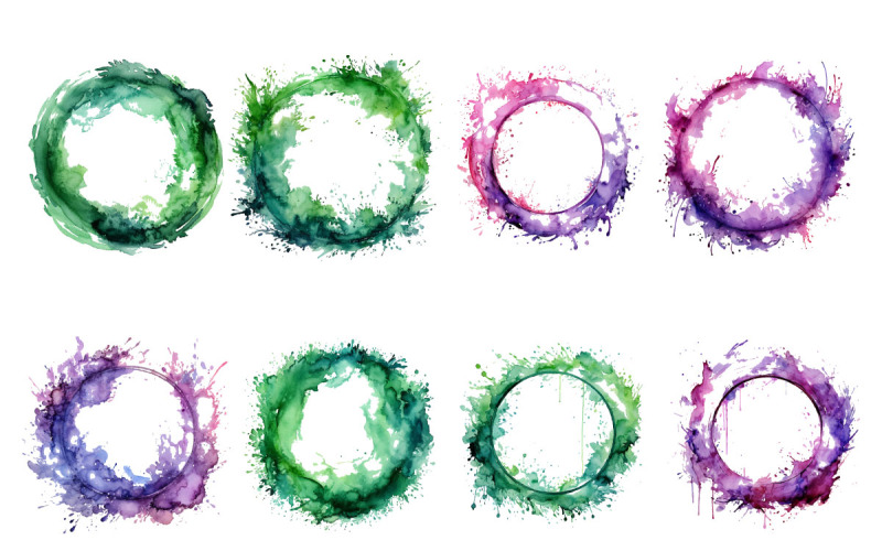Ilustração colorida abstrata da pintura da cor do arco-íris e conjunto de moldura circular de respingo em aquarela