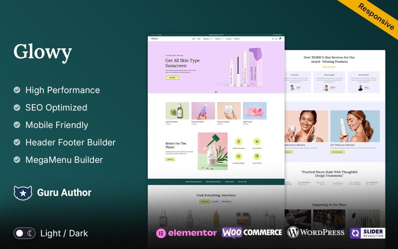 Glowy - Tema Elementor WooCommerce para cosméticos, piel y belleza