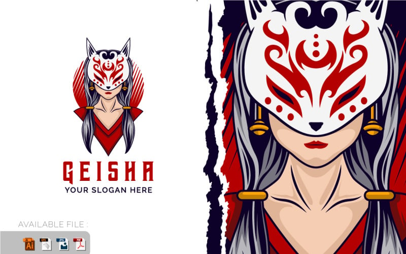 Japão menina kitsune lobo máscara raposa logotipo vetor ilustração modelo