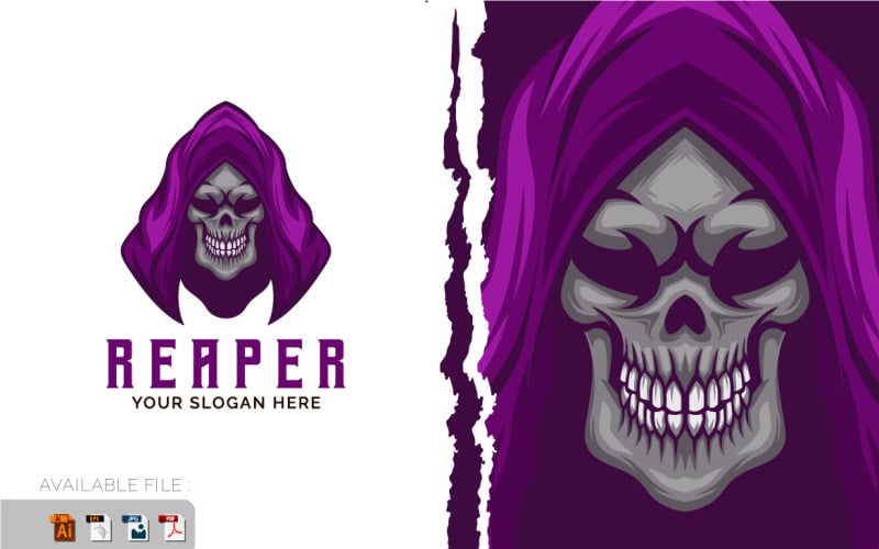 Reaper-Schädel-Kopf-Logo-Vektor-Maskottchen-Vorlage