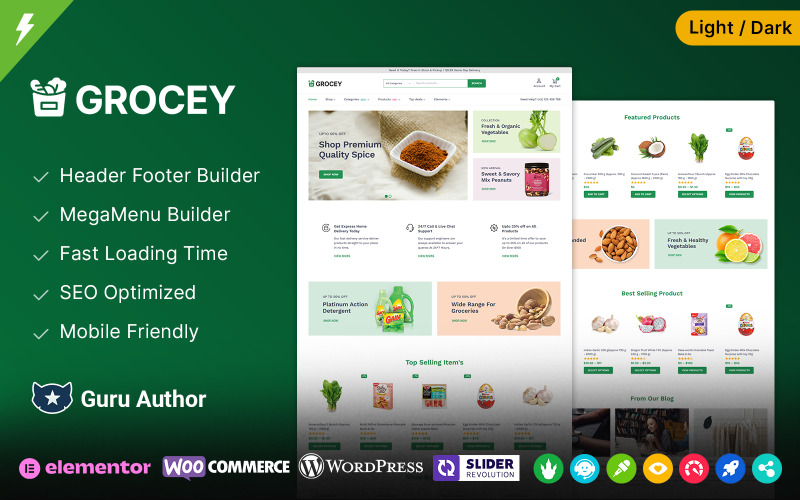 Grocey - Tema Elementor WooCommerce para tiendas de comestibles, frutas y verduras