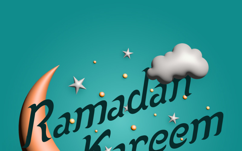 3D hilal, bulut ve yıldızlardan oluşan bir vektör Ramazan minimalist afişi