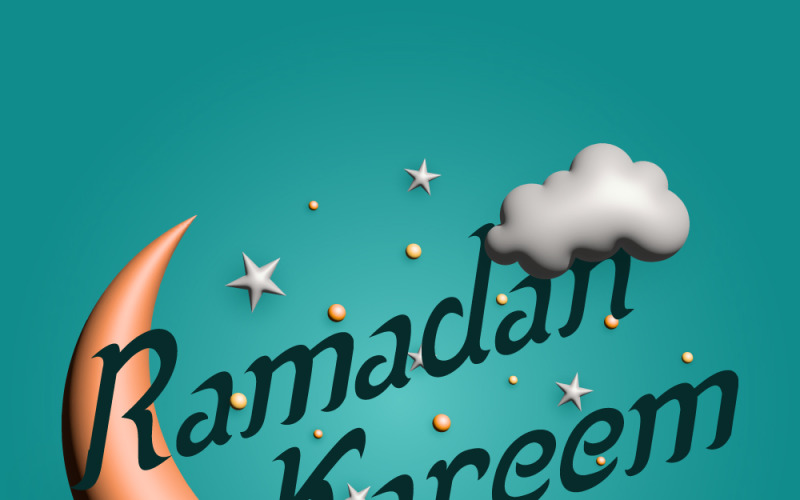 Un banner minimalista vettoriale Ramadan con luna crescente 3D, nuvole e stelle