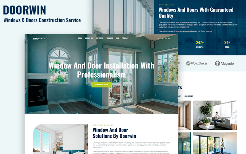 Doorwin – Цільова сторінка служби будівництва вікон і дверей HTML5