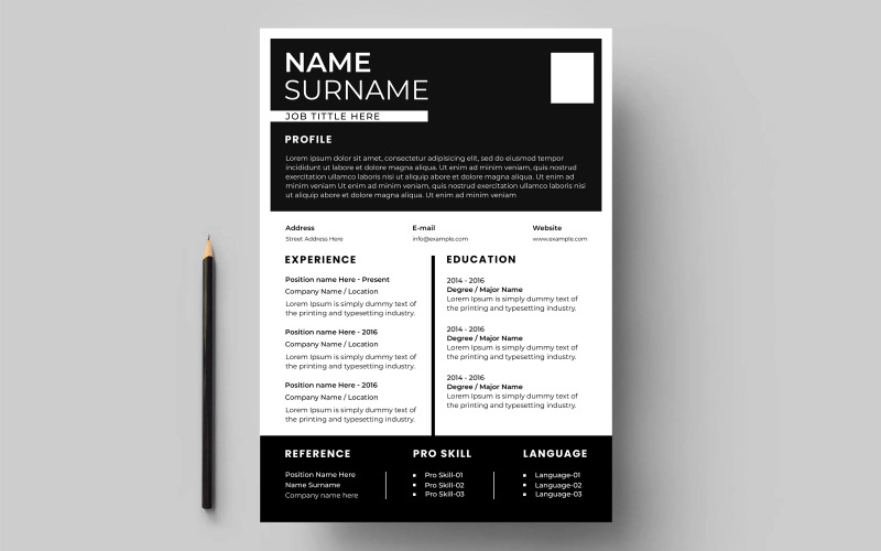 Plantilla de currículum vitae profesional en blanco y negro