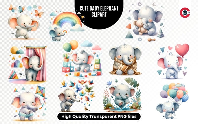 Cute elephant clipart, Baby elephant watercolor clipart transparent PNG pack