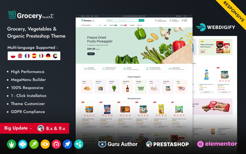 Grocery Mart – Responsives Prestashop Elementor-Theme für Gemüse und Bio-Produkte