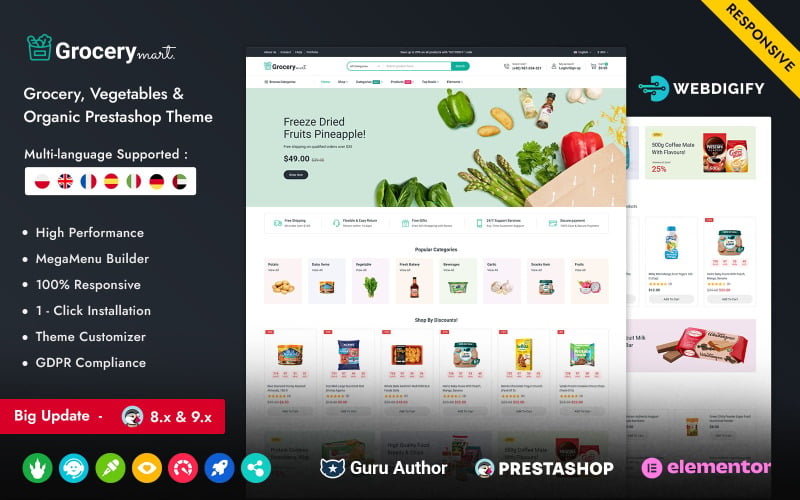 Grocery Mart – Responsivt Prestashop Elementor-tema för livsmedelsprodukter och ekologiskt