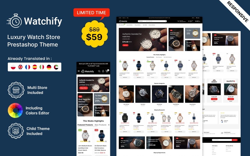 Watchify - Motyw Prestashop dla sklepu z zegarkami i biżuterią