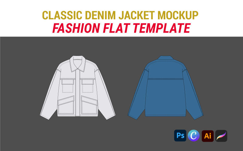 Cropped Denim Jacket - Oversized Classic Denim Jacket Vector Mockup Fashion Template