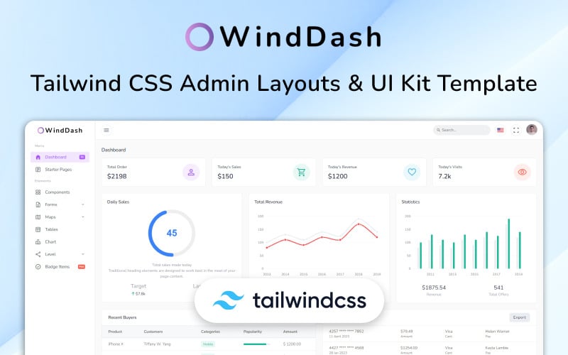 WindDash – Tailwind CSS-Admin-Dashboard-Layout-Vorlage