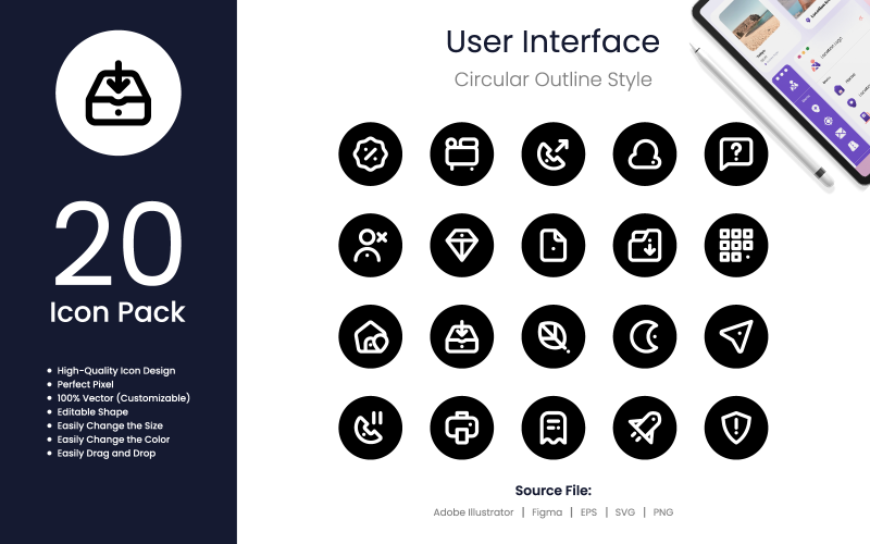 Pacote de ícones da interface do usuário estilo de contorno circular 3
