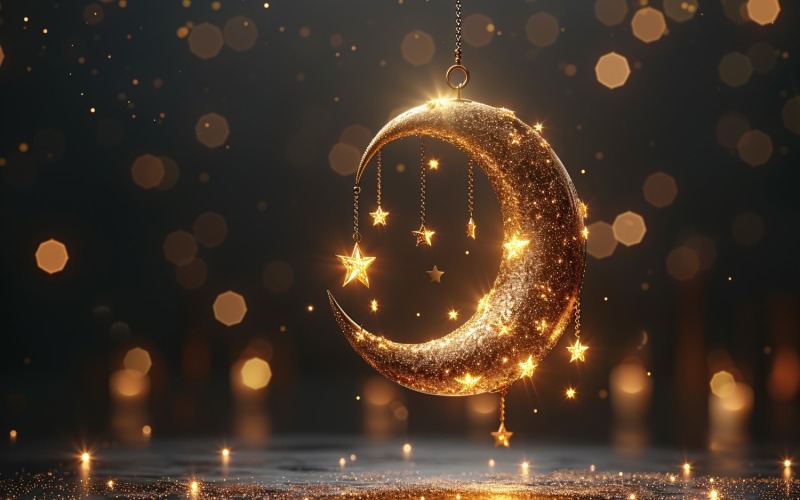 Ramadan Design with Golden Moon & glitter on dark background