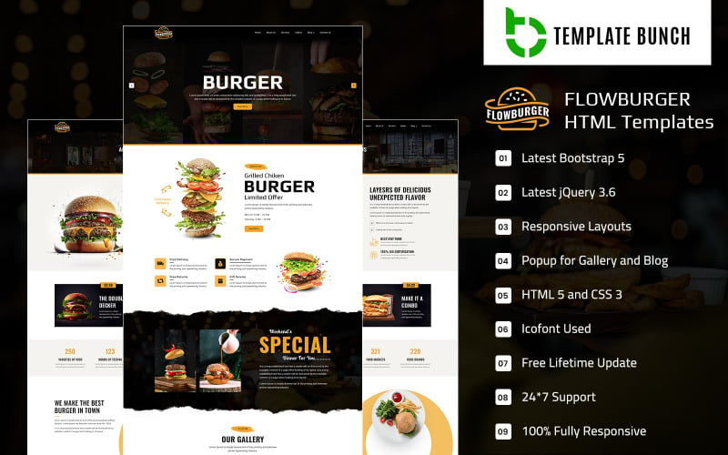Flow Burger - Modello di sito Web HTML5 per negozio di hamburger