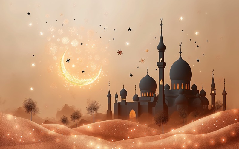 Baner z pozdrowieniami Ramadanu Złoty księżyc na skórzanym tle.