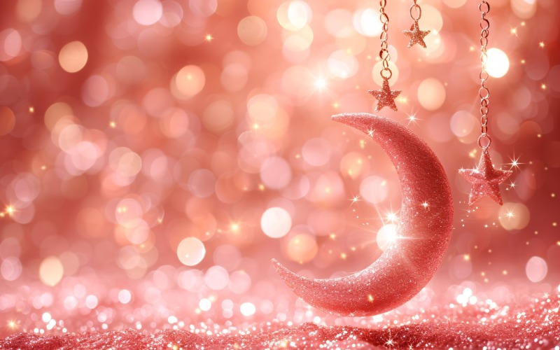 Conception de bannière de carte de voeux Ramadan Kareem avec lune rose et étoile avec paillettes et bokeh