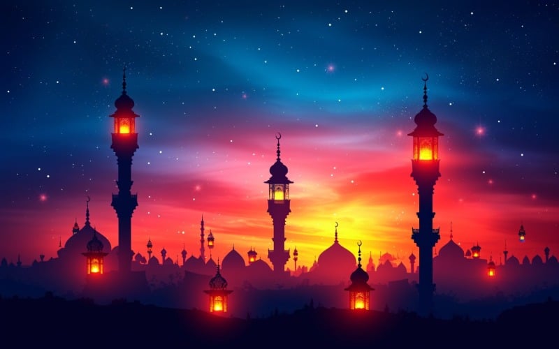 Conception de bannière de carte de voeux Ramadan Kareem avec lanterne et mosquée 01